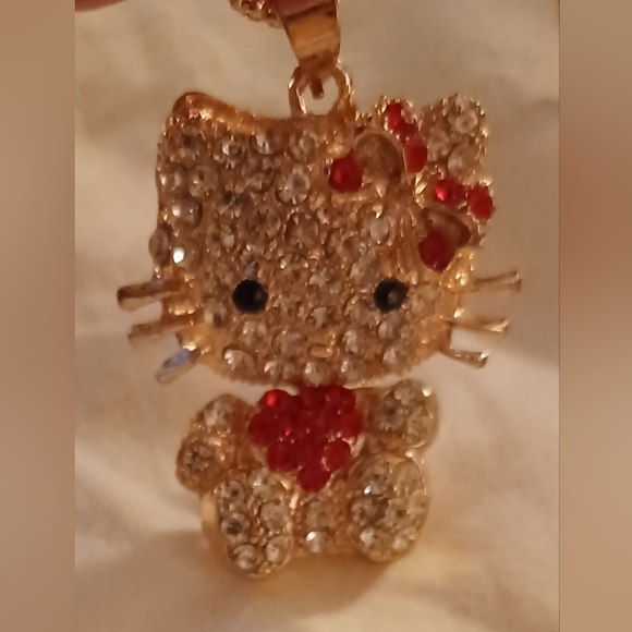 New Golden Crystal Bow Heart Kitty Necklace+Red Heart Wrapped Snake Earrings Set - Picture 6 of 15